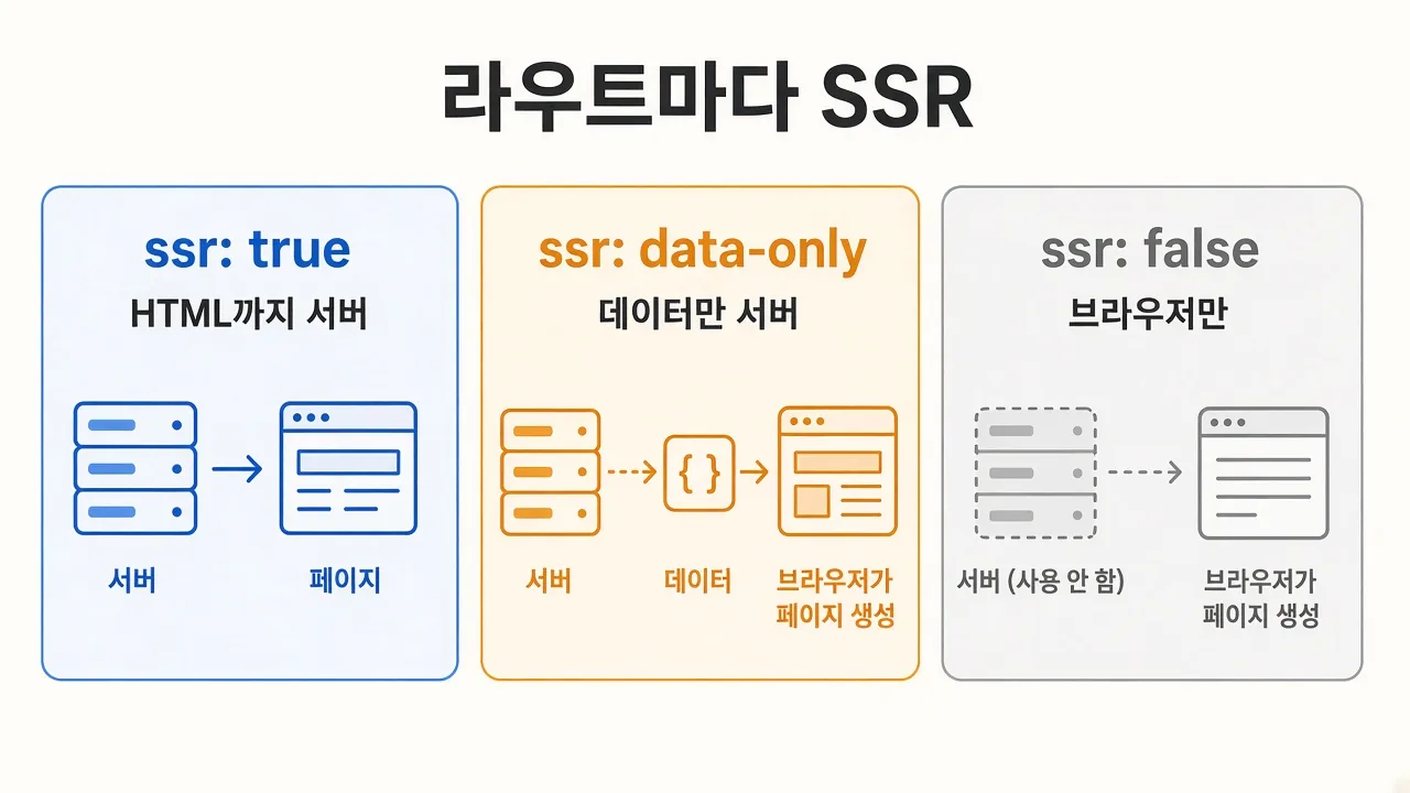 ssr true는 HTML까지 서버, data-only는 데이터만 서버, false는 브라우저만